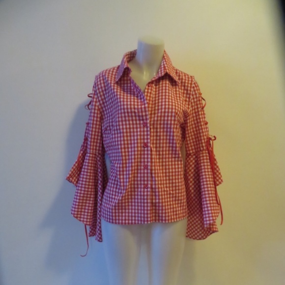 MEBOUTIQUE RED/WHITE CHECK TOP, TIE/FLARE SLEEVE-M - Picture 1 of 8